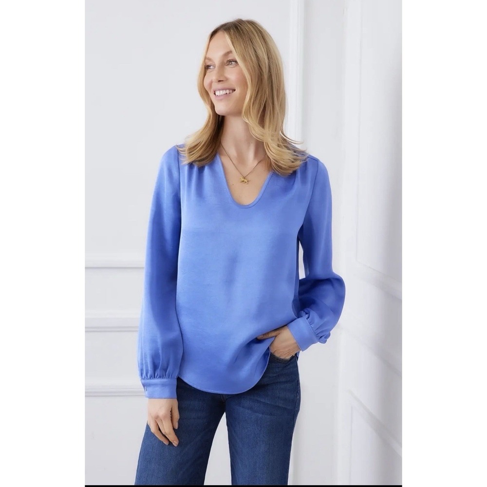 Karen Kane Satin Shirred  Blouse Blue Size Large
